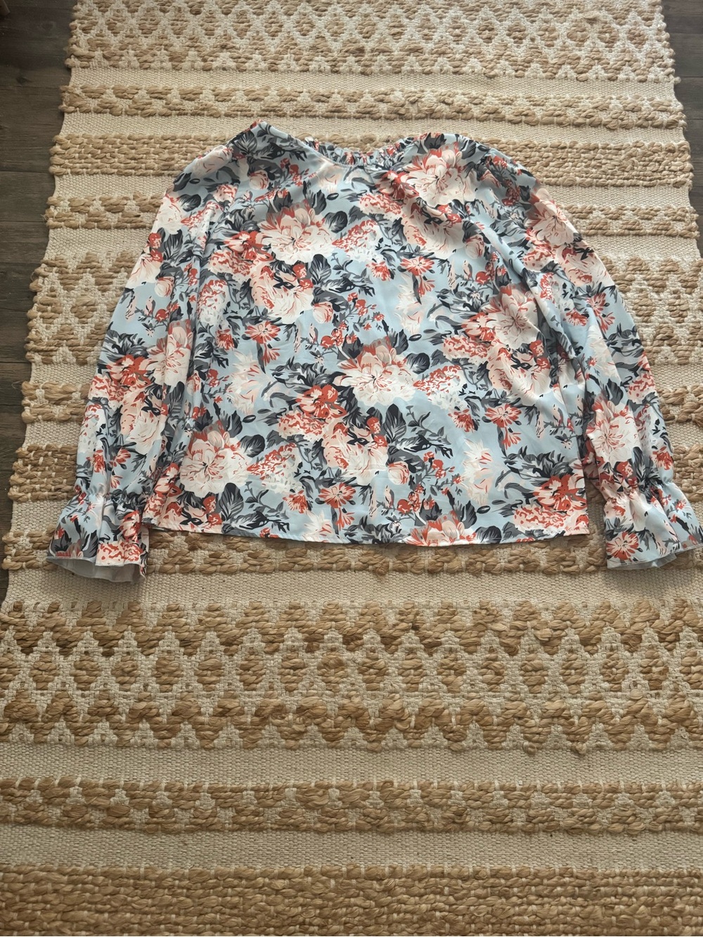 SHEIN Light Blue Floral Long Sleeve Blouse with Coral and Navy Accents
